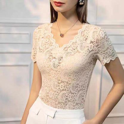 V-neck Hollow Sexy Lace Bottoming Shirt Innerwear Short Sleeve