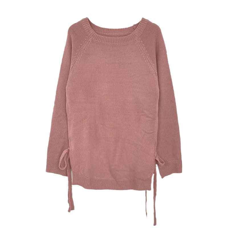 Round Neck Elegant Side Lace-up Long Sleeve Pullover Sweater