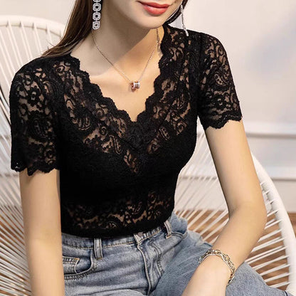 V-neck Hollow Sexy Lace Bottoming Shirt Innerwear Short Sleeve