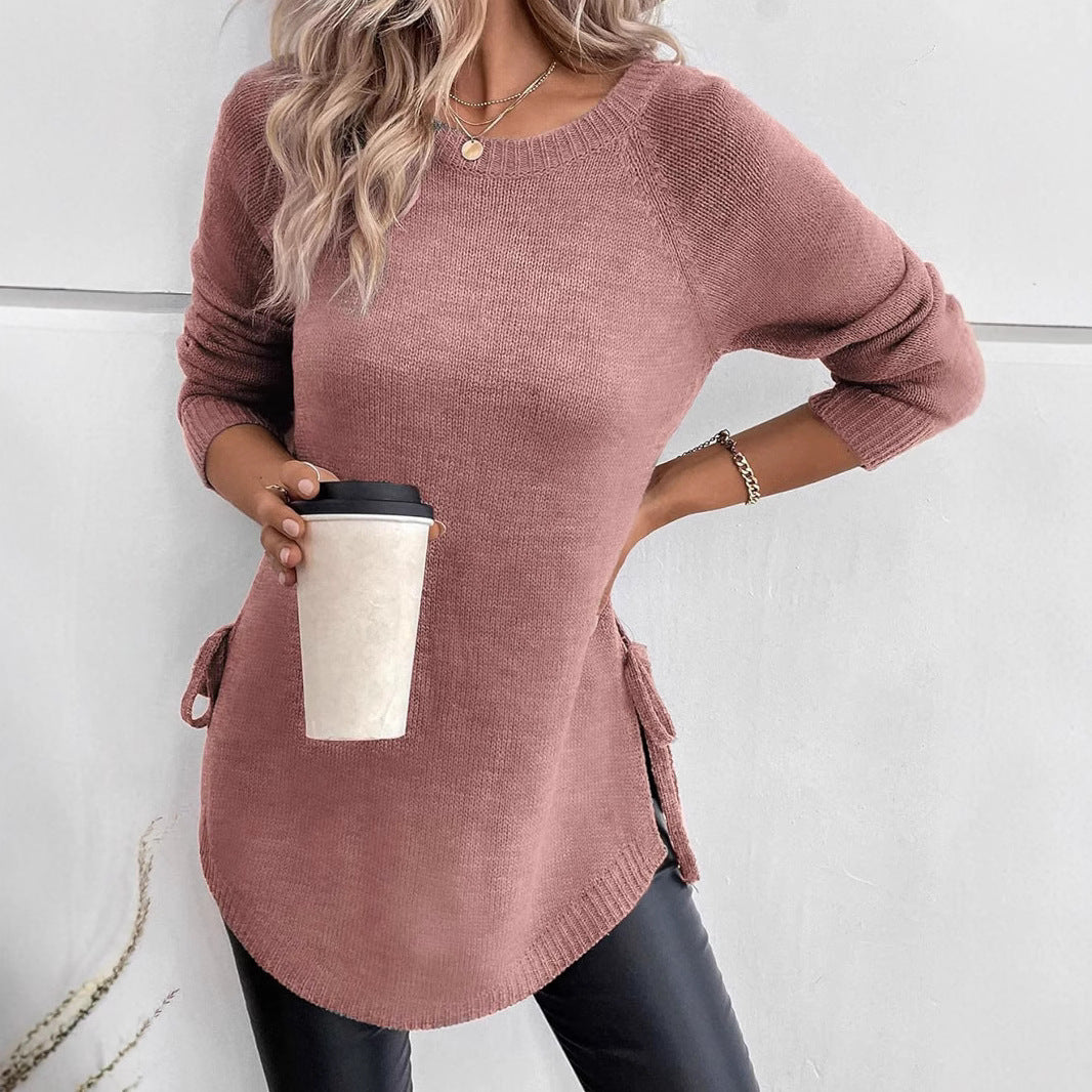 Round Neck Elegant Side Lace-up Long Sleeve Pullover Sweater