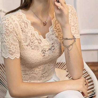 V-neck Hollow Sexy Lace Bottoming Shirt Innerwear Short Sleeve