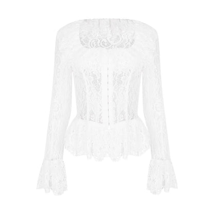 Women's White Lace Long-sleeved Square-neck Top