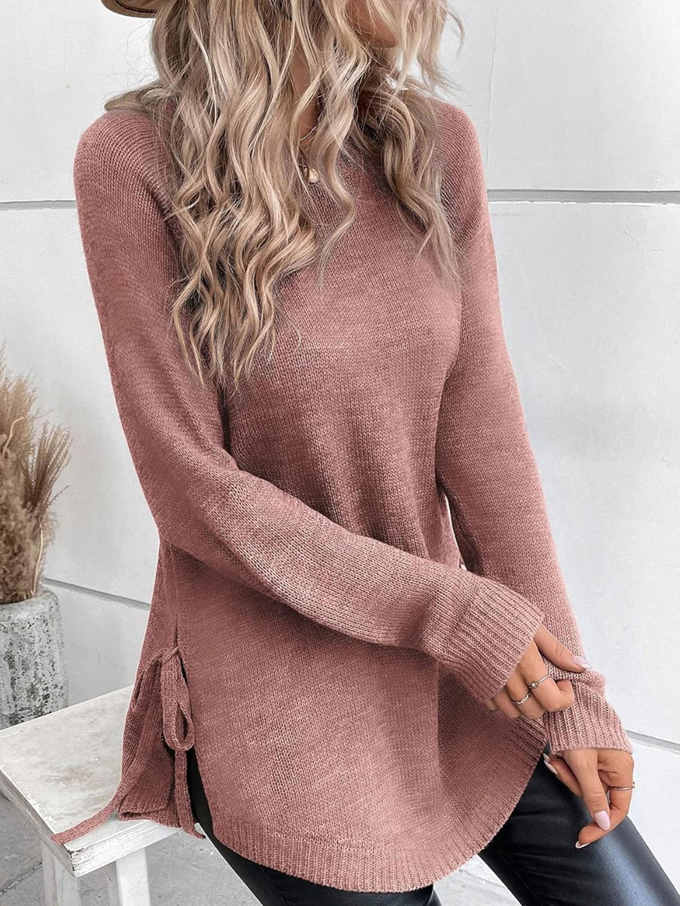 Round Neck Elegant Side Lace-up Long Sleeve Pullover Sweater