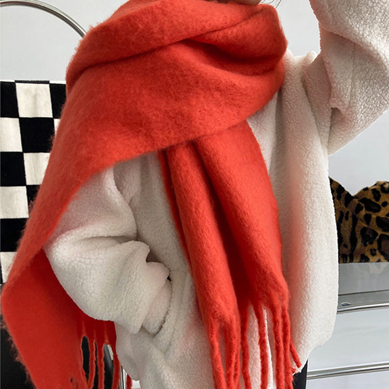 All-match Soft Glutinous Solid Color Cashmere-like Tassel Scarf For Women