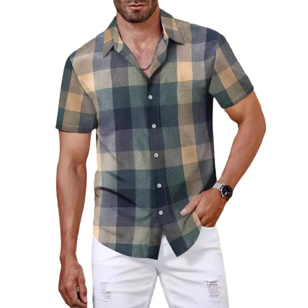 Plaid Shirt Men's Short Sleeve Fashion Korean Style Green