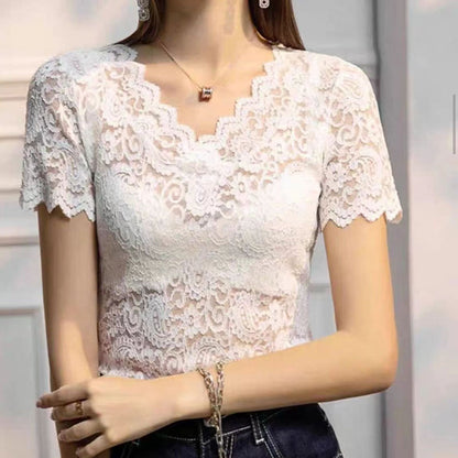 V-neck Hollow Sexy Lace Bottoming Shirt Innerwear Short Sleeve