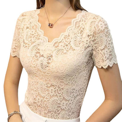 V-neck Hollow Sexy Lace Bottoming Shirt Innerwear Short Sleeve